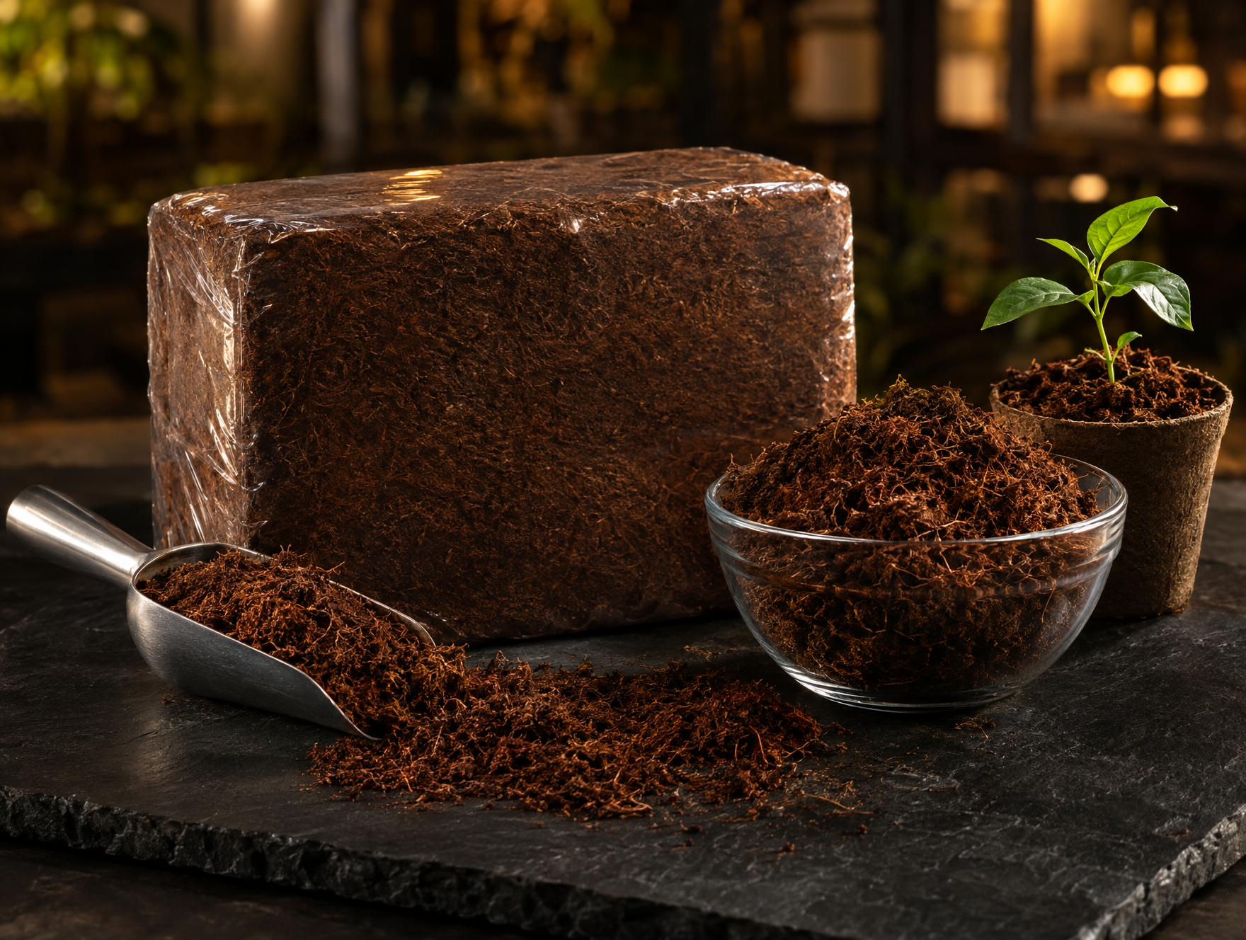 A compressed coco coir block beside a bowl of loose expanded coco peat and a small seedling on a dark slate surface