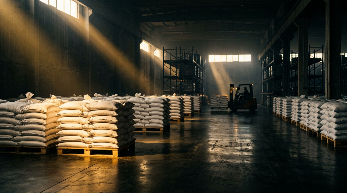 Palletised bagged commodities in a warehouse beside a loading container